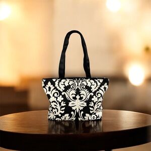Elegant Black and Cream Floral Shoulder Bag
